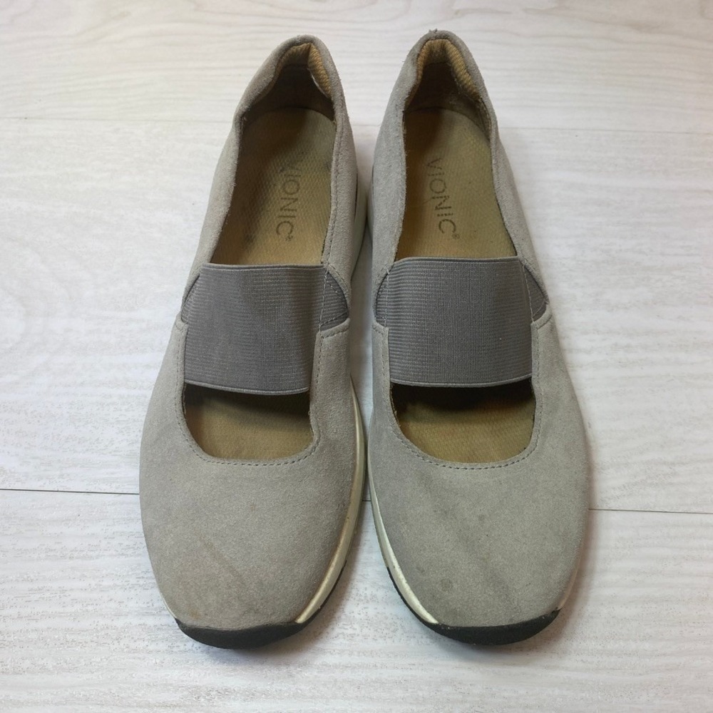 Vionic Womens 7.5 Cadee Mary Jane Flat Grey Suede Orthotic Elastic 10010027